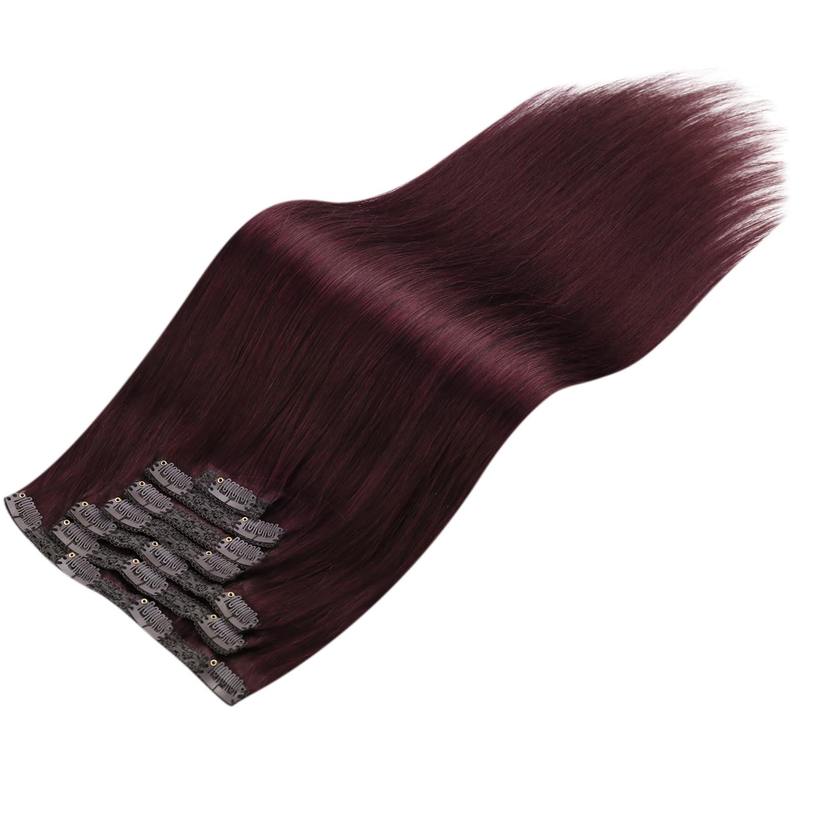 Moresoo Moresoo Burgundy Human Hair Clip in Extensions 24inch Wine Red Hair Extensions Clip in Human Hair Double Weft Clip in Human Hair Extensions Red Wine #99J Full Head Set 7Pieces 120Grams