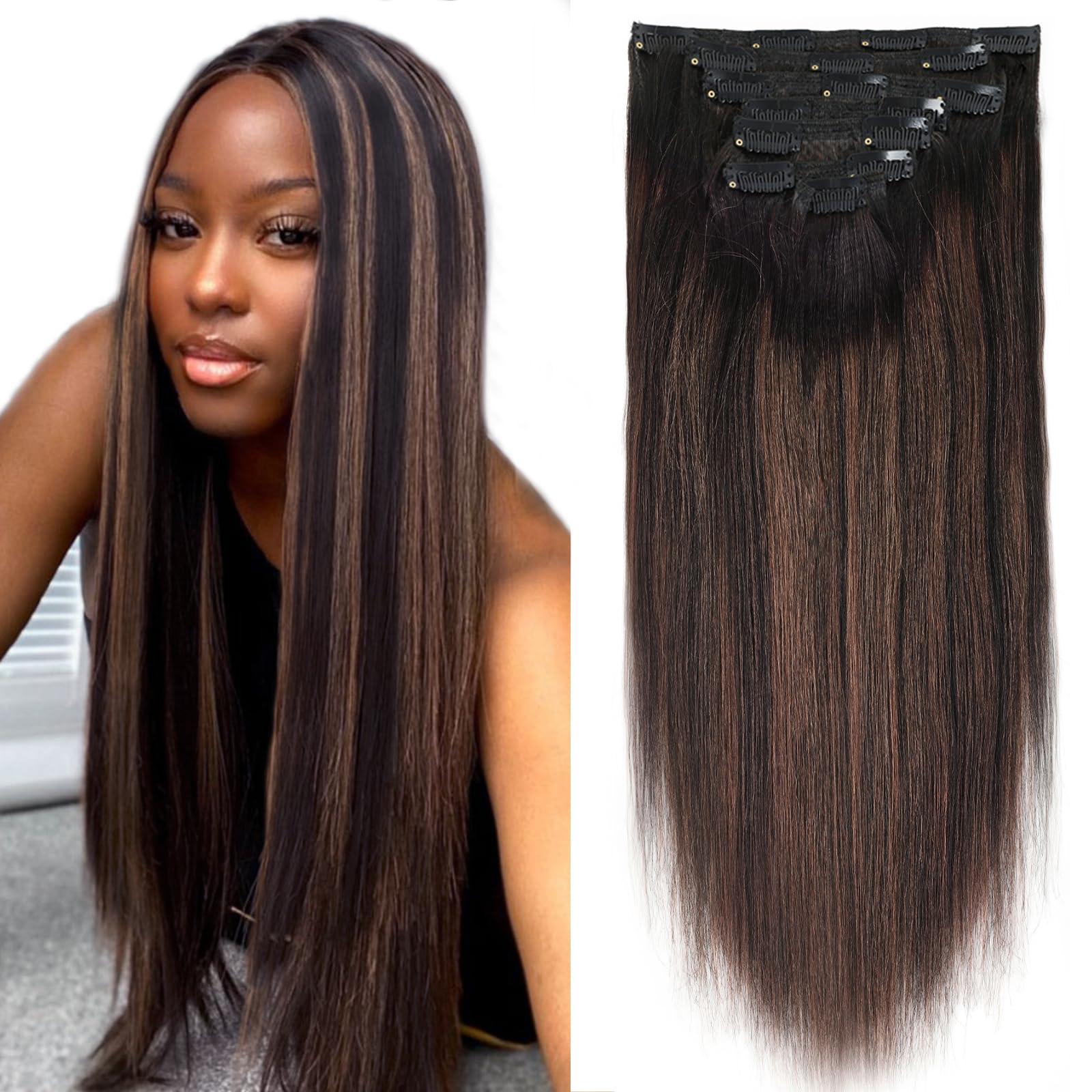 LOVRIO Lovrio Yaki Straight Clip in Human Hair Two Tone Rooted Black to Natural Black #1B Mixed With Chocolate Brown #4 Light Yaki Clip in Remy Human Hair for Black Women Yaki Hair 20 Inch 120G