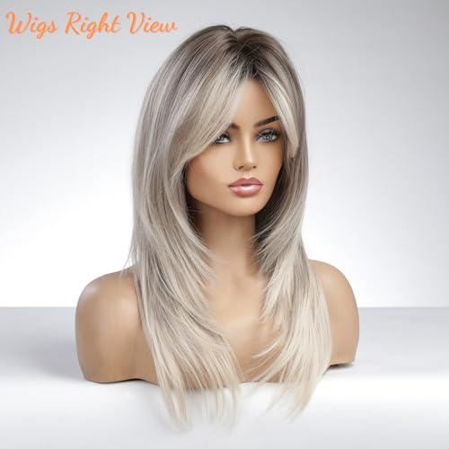 Honygebia Honygebia Brown Blonde Wig with Bangs - Long Wavy Ombre Curtain Bang Wigs for Women, Brown to Blonde Light Ash Dark Roots Synthetic Hair, Heat Resistant Natural Cute Wigs for Halloween/Christmas