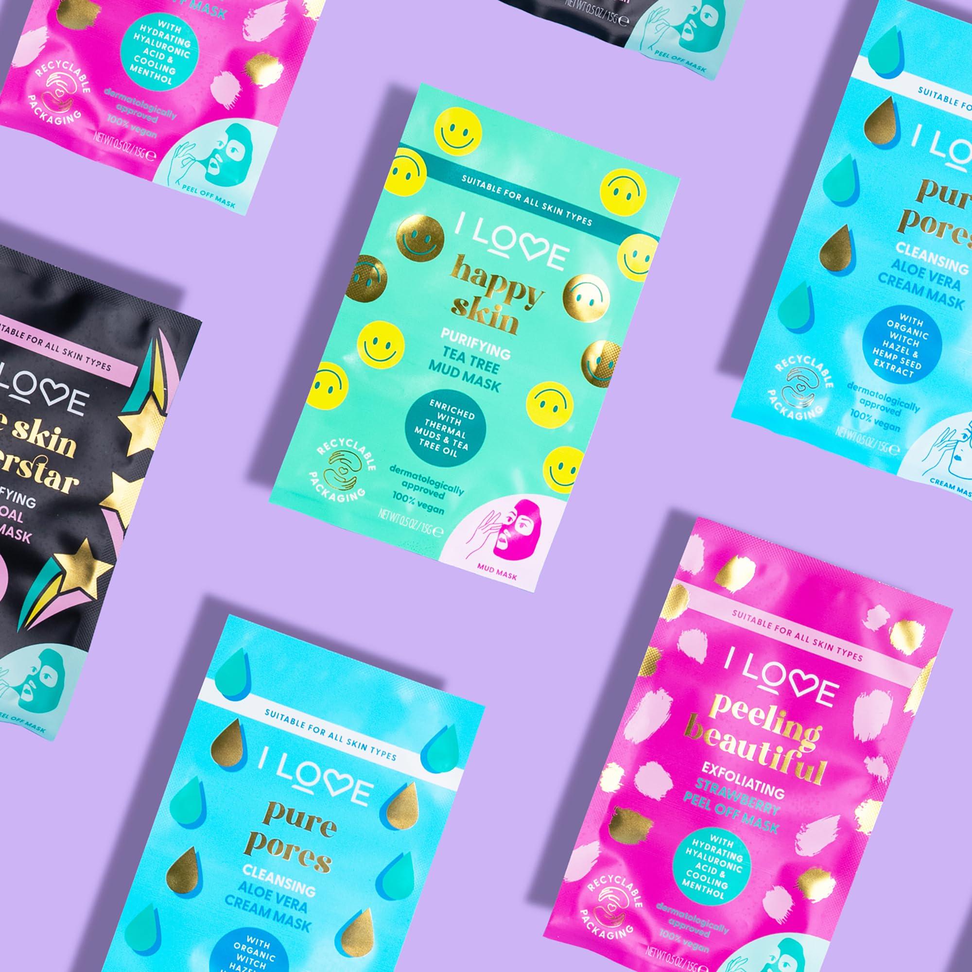 I Love I LOVE Face Time and Chills Face Masks - Facial Mask Self Care Kit - Peel of Mask, Mud Mask, and Cream Mask Selections - Soothing and Hydrating - 4 pc