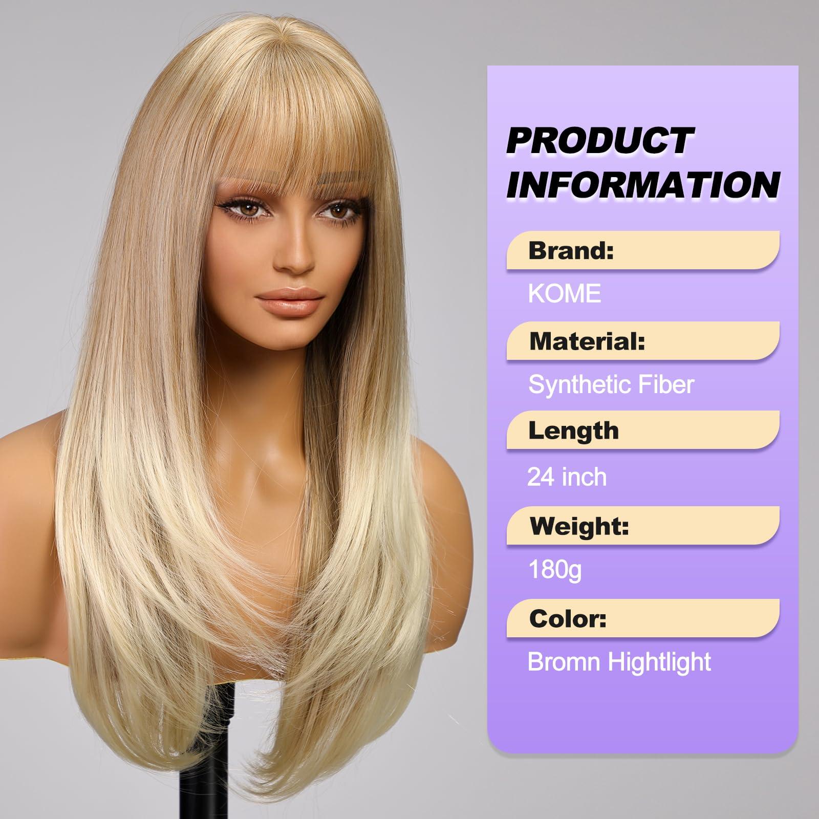 KOME KOME Blonde Highlight Long Layered Wig with Bangs,Straight Hair Wigs for Women,Synthetic Heat Resistant Natural Looking Hair Wig for Party Cosplay Dality Use
