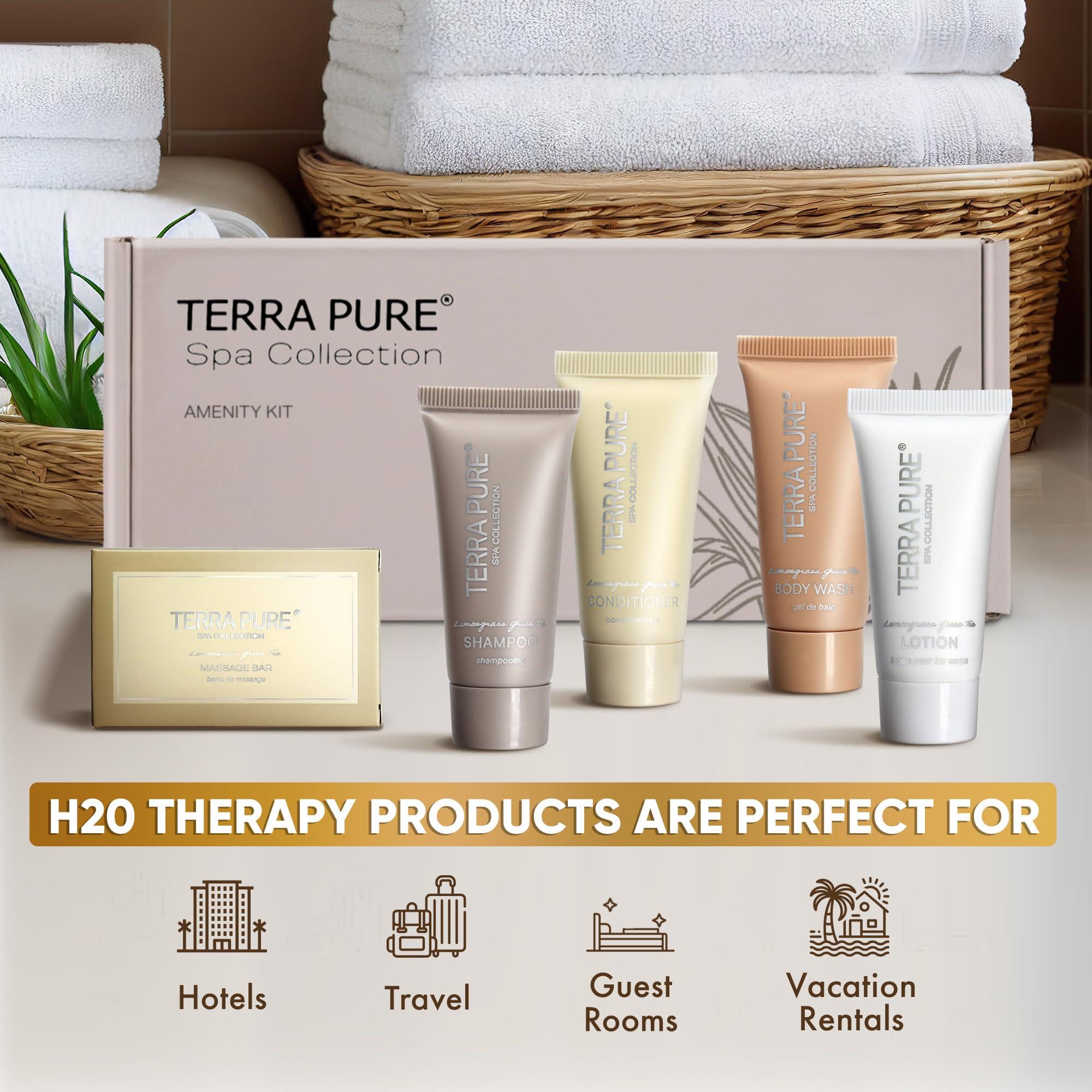Terra Pure Terra Pure Spa Collection Amenity Kit | Hotel Bulk Toiletries | 0.85 oz Shampoo, Conditioner, Lotion, Body Wash, Massage Bar for Guest Hospitality Vacation Rentals | 1 Set/Case