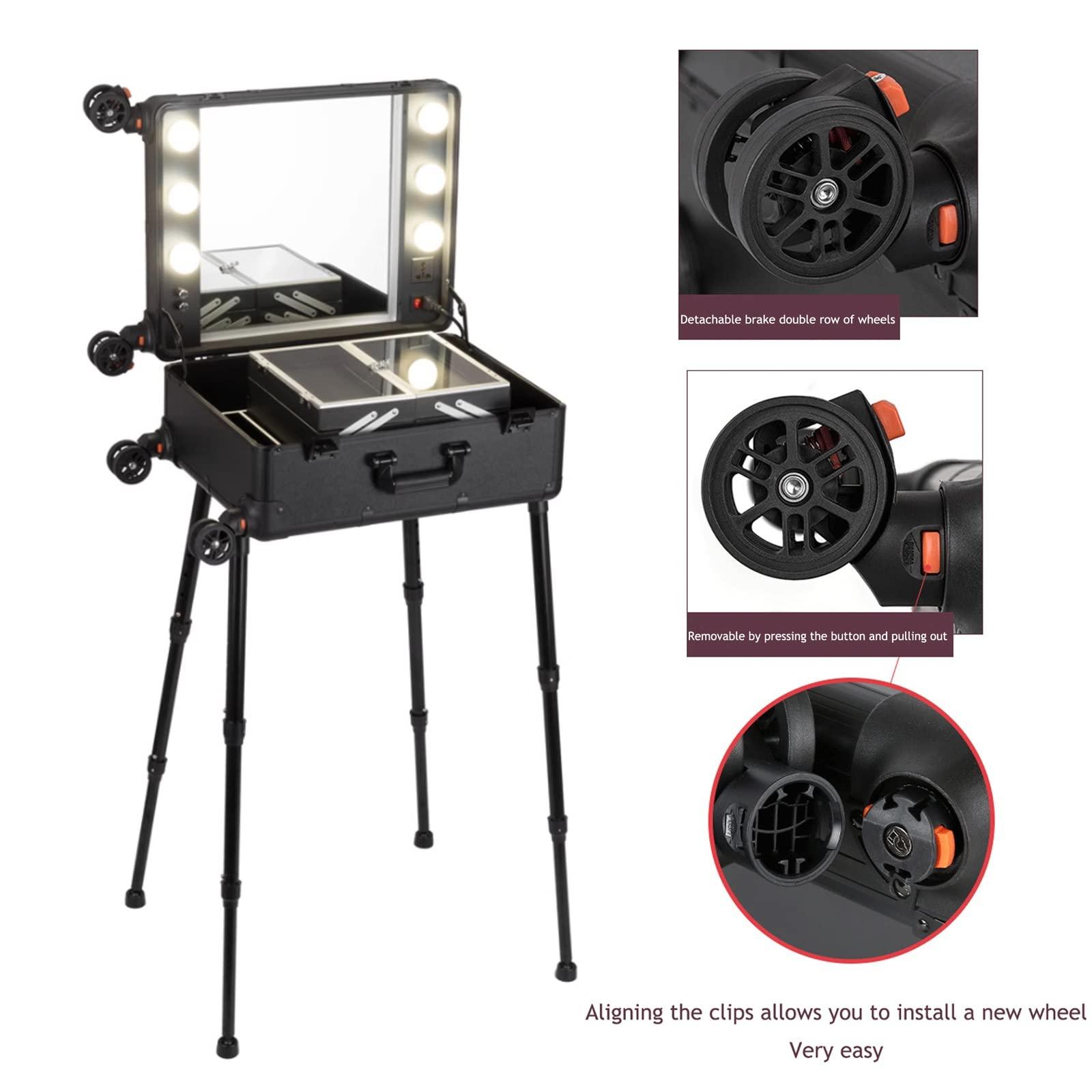 HJXGQJM Rolling Makeup Case Professional Makeup Train Case Makeup Artist Travel Organizer, Cosmetic Case With LED Light With Stand, Infinitely Dimmable, Two-colour, Aluminium Make Up Case, Black cosmetic case