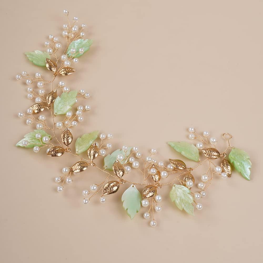 Teyglen Teyglen Bridal Wedding Green Leaf Headband Hair Vine Handmade Gold Pearl Headpieces Hair Pieces for Bride Wedding Hair Accessories for Women Girl