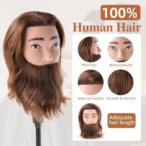 Anstar Male Mannequin Head with 100% Human Hair Barber Mannequin Head Hairdresser Training Doll Manikin Head for Men Hair Styling and Practice