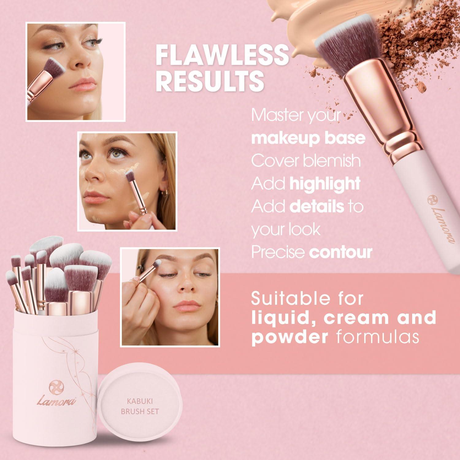 Lamora Kabuki Foundation Brush (Rose) with Kabuki Makeup Brush Set