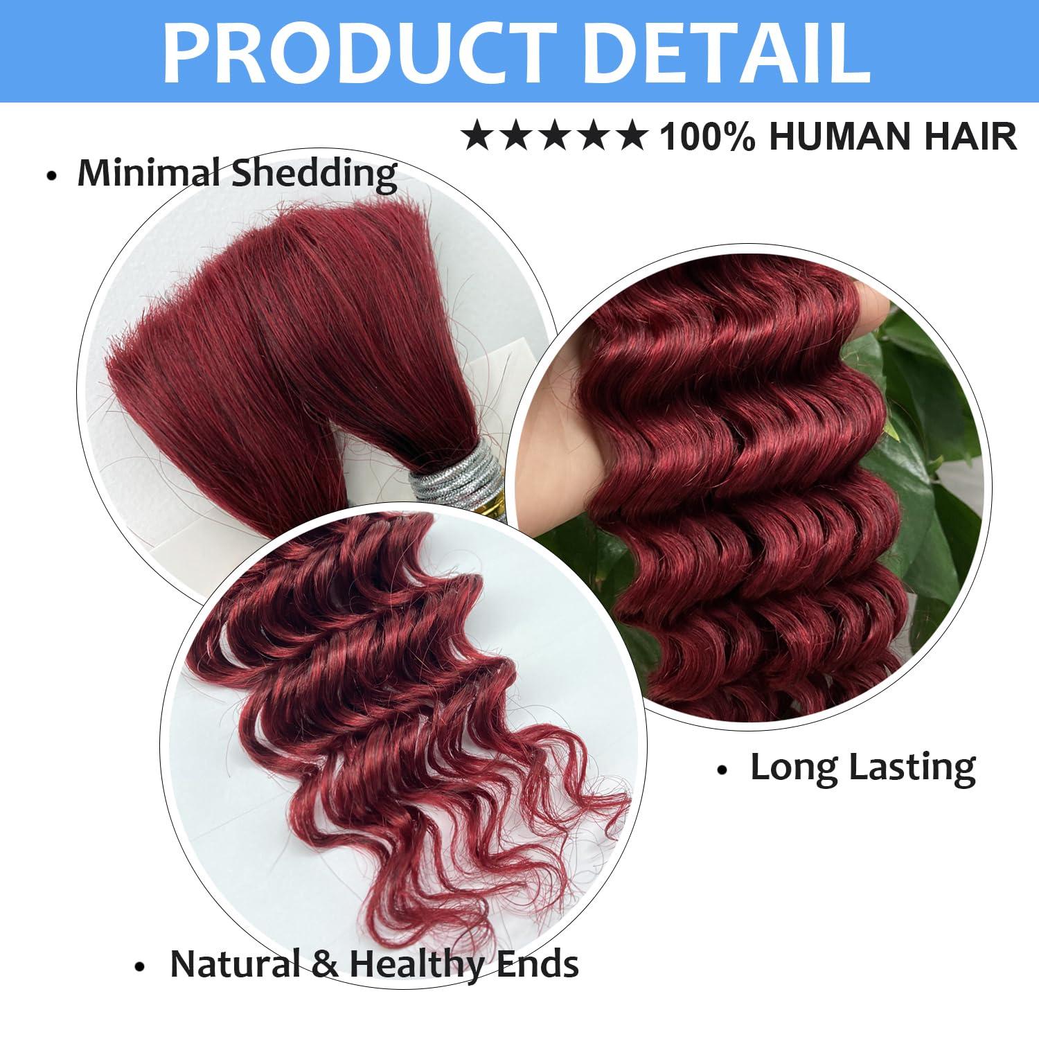Hoscod Burgundy Human Braiding Hair 22 Inch Deep Wave Bulk Human Hair For Braiding Boho Braids 100g 99J Human Braiding Hair Water Wave Red Human Hair for Braiding Micro Braids Wet And Wavy Human Hair
