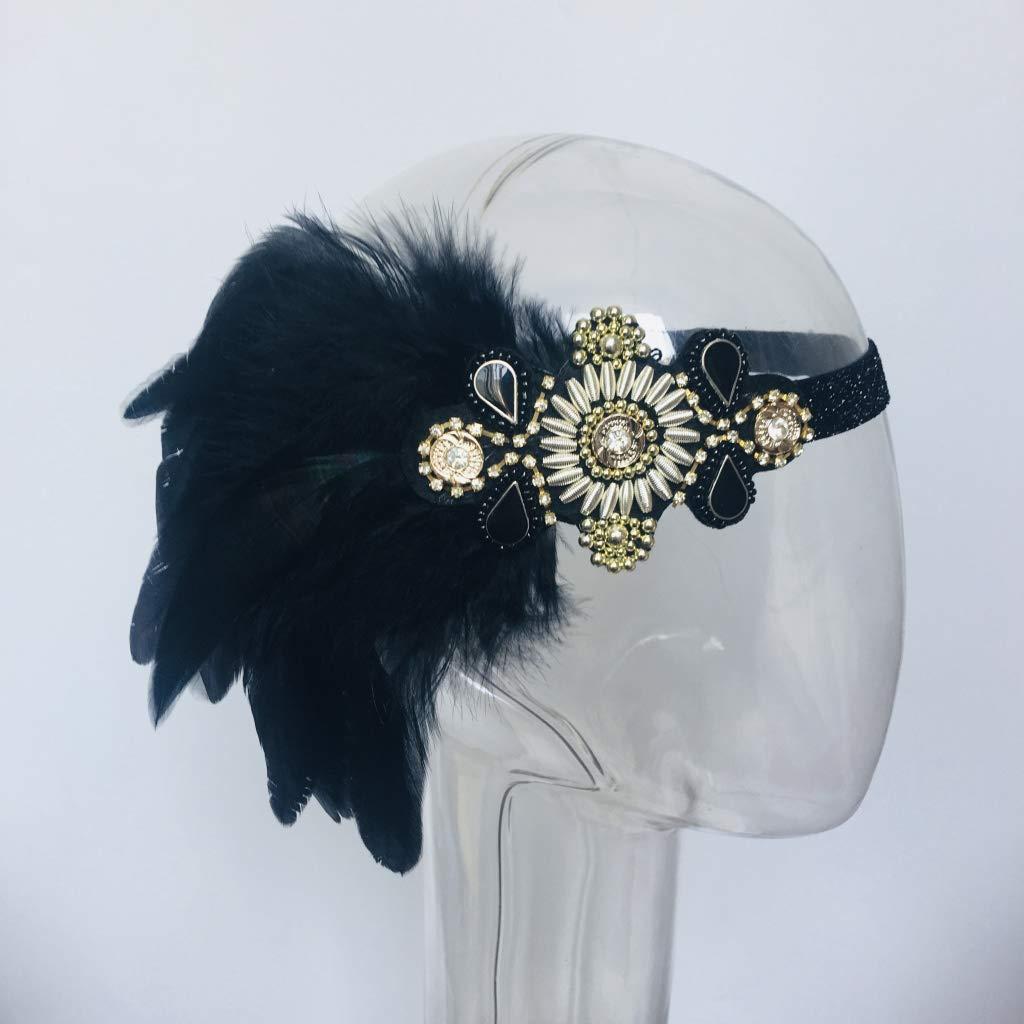 Aimimier Aimimier 1920s Flapper Feather Headband Black Beaded Crystal Headpiece with Elastic Band Costume Hair Accessories for Women