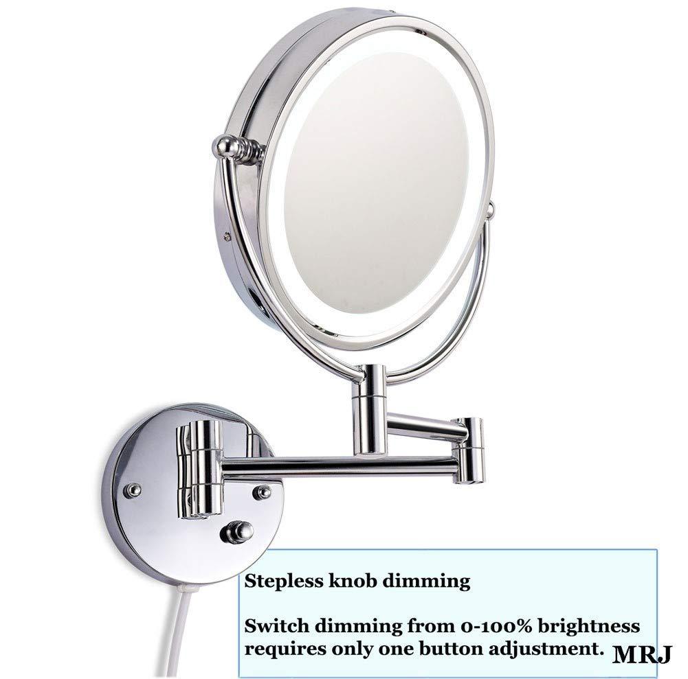 SLMASEHZX Bathroom Shaving Mirror Wall Mounted 8.5 Inch Makeup Mirror with LED Lights True Image and x5 Magnified Vanity Mirror 360 Free Rotation Extendable Arm Chrome Dimming Touch BS Plug ( Color : Di ( Colo