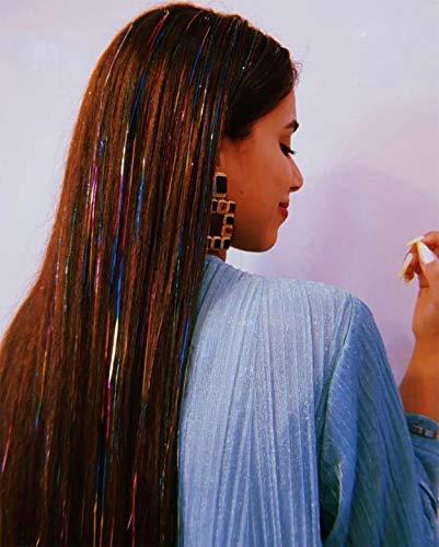 UPTOUP Shining Rainbow Fairy Hair Tinsel 47 Inch 750 Strands Tinsel Hair Extensions, Hair Glitter Extensions, Sparkly Hair Hair Tinsel Strands Kit Fairy For Children Girls Women With Tools (Rainbow)