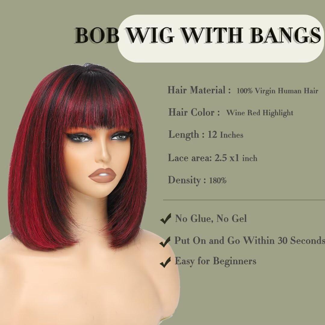 Aliesencia Aliesencia Bob Wig with Bangs Human Hair Wigs 12inch Straight Layered Bob Wigs with Bangs Human Hair 1B/99J# Highlight Glueless 2.5x1inch Lace Human Hair Wigs for Black Women(2378 1B/99J# 12inch)