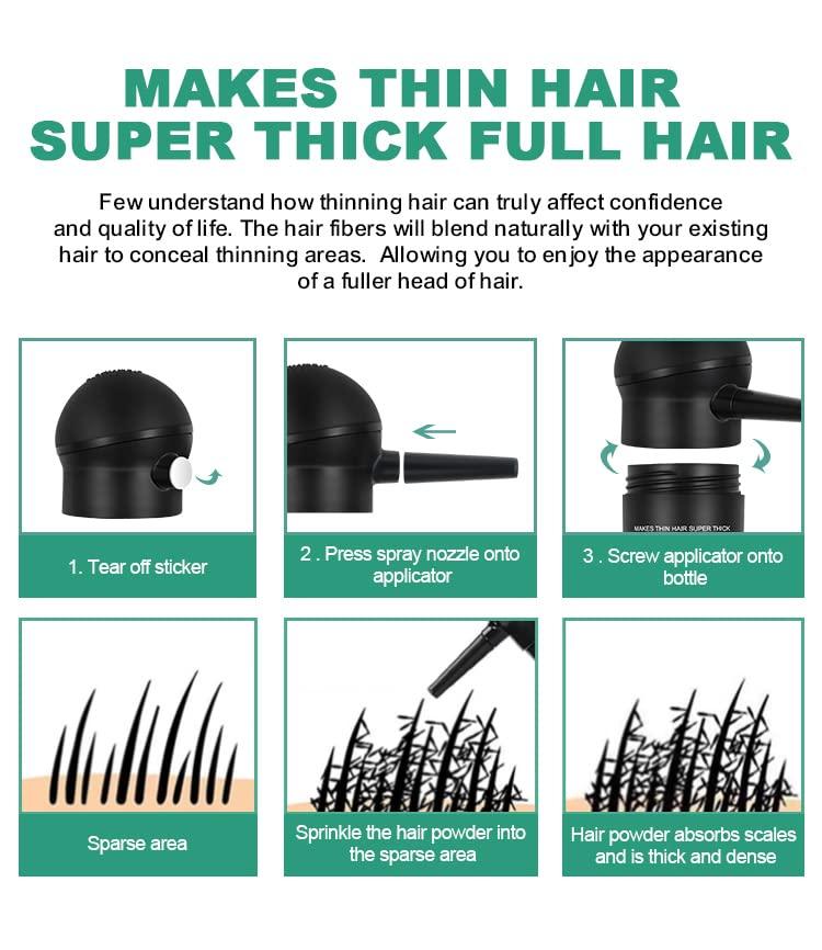 UOYOU BLACK Hair Fibers for Thinning Hair 27.5g Bottle with Applicator | Undetectable & Natural Keratin Hair Fibers Concealer for Hair Loss for Men and Women | Hair Building Fibres Powder [BLACK Hair Fiber]