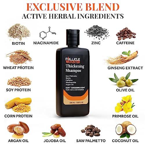 FOLLICLE BOOSTER Biotin Hair Growth Shampoo for Men and Women - Thickening Treatment for Thinning Hair - Natural and Vegan DHT Blocker for Hair Loss - Caffeine, Saw Palmetto, Niacin, Argan Oil