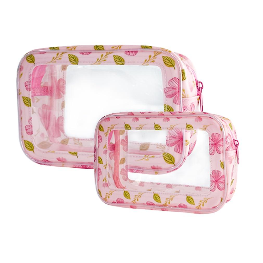 ONEART ONEART 2Pcs Clear Pink Floral Makeup Toiletry Bag Multipurpose Travel Carry Cosmetic Organizer Transparent Storage Bag