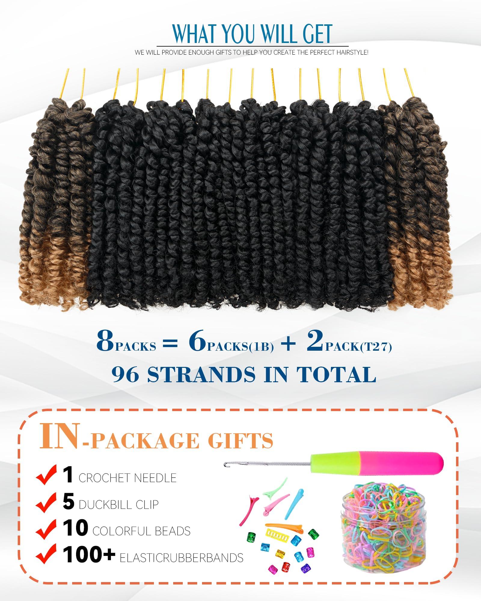 Miss Sula 8 Inches 8 Packs Passion Twist Crochet Hair-Mixed Color Combination Package(6 packs 1B+2 pack T27),Pre-twisted Pre Looped Synthetic Spring Kinky Twist Hair Extensions(8\"-8 Packs,1B+T27)