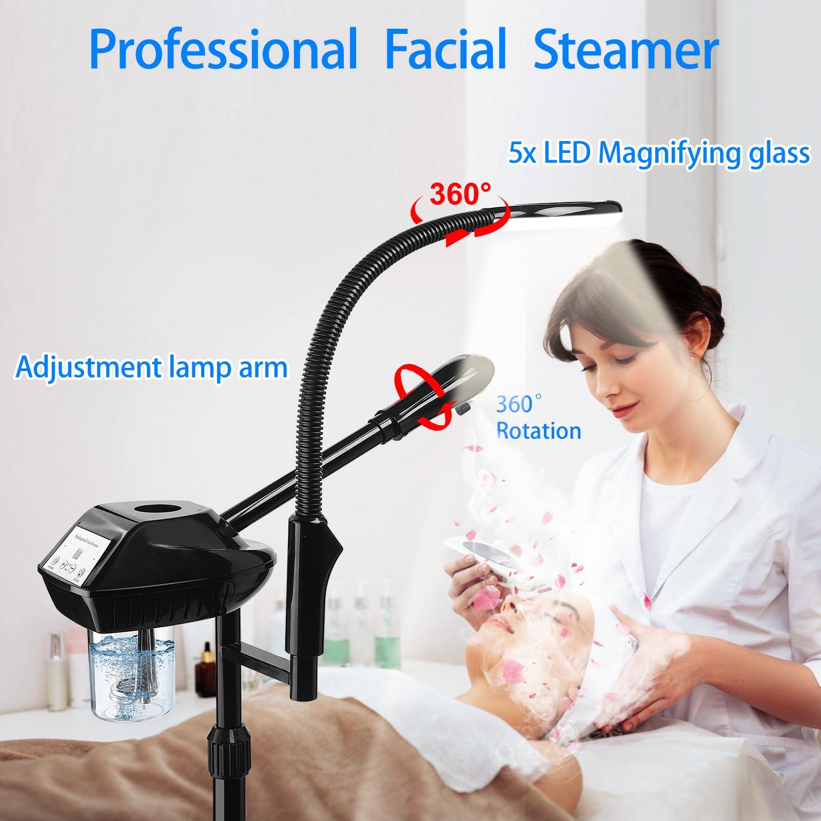 Fuehomue Professional Facial Steamer, 2-in-1 Facial Steamer with 5X Magnifying Lamp, Ozone Facial Steamer for Facial Deep Cleaning, Facial Steamer on Wheels, Stand Facial Steamer for Spa, Salon and at Home Use