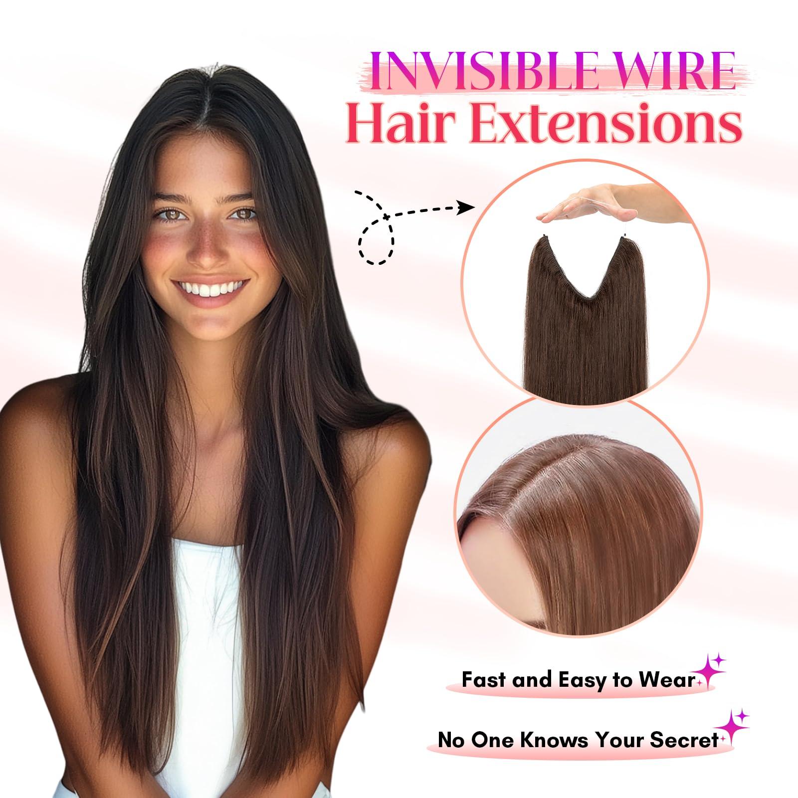 Rich Choices Rich Choices Halo Hair Extensions Real Human Hair 100% Human Hair Halo Extensions for Women Invisible Wire Hair Extensions Remy Halo Hair 18 Inch #2 Dark Brown
