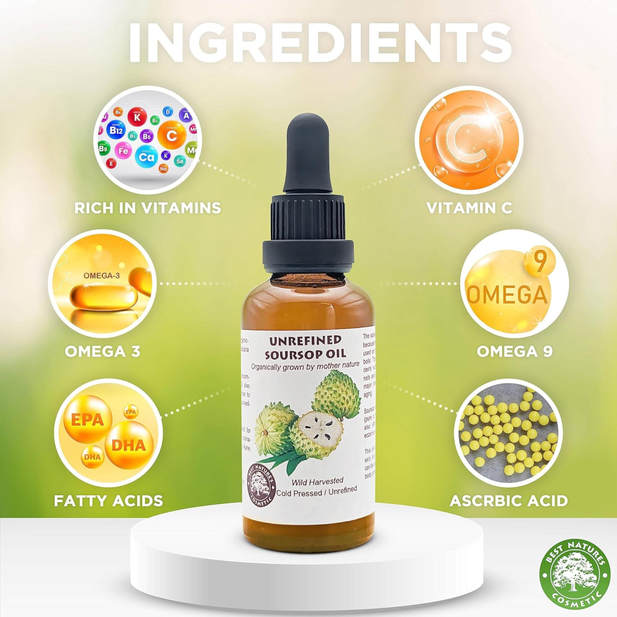 Best Nature\'s Cosmetics Best Nature\'s Cosmetics Virgin Soursop Graviola Guanabana Oil (Organic, Undiluted, Cold Pressed, Unrefined) 1 oz / 30 ml  Natural Moisturizer for Dry and Damaged Skin.
