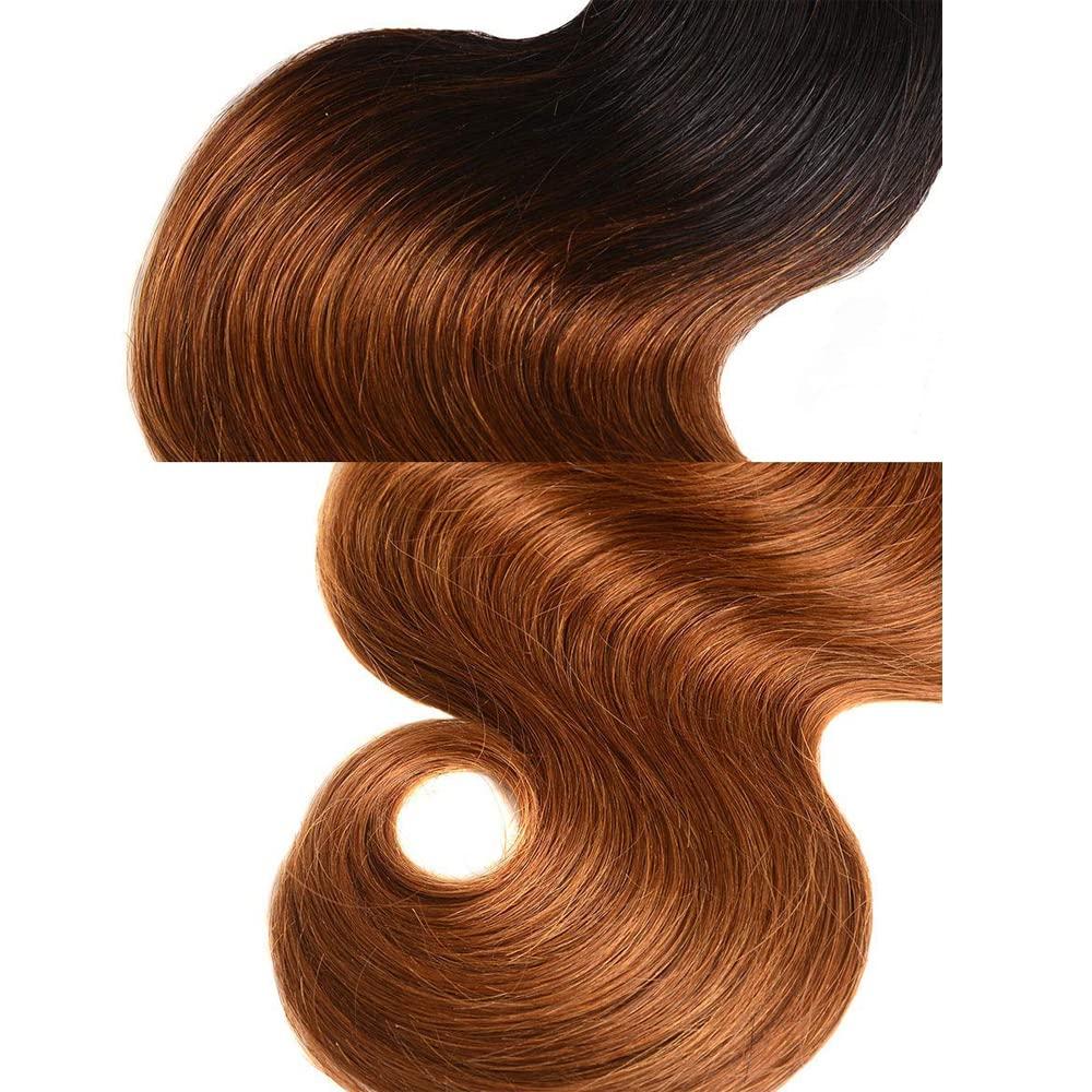 ZevPiul Ombre Body Wave Bundle 1b/30 Human Hair Bundles 8A Brazilian Virgin Brown Human Hair 3 Bundles 18 20 22 Inch Two Tone Dark Roots to Brown Bundles Human Hair Extensions
