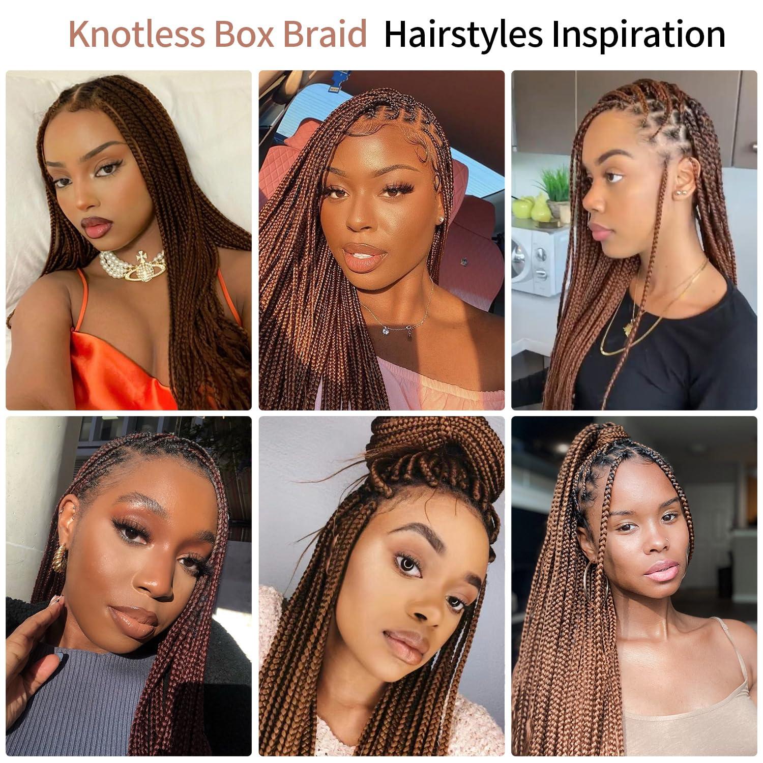 Lexqui Lexqui 36 inch Braided Wigs for Women Square Knotless Braided Lace Front Wigs Full Double Lace Box Braid Wig with Baby Hair Human Hair Blended Braid Wigs Brown