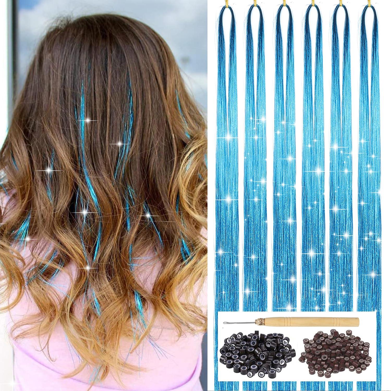YOOONXI Sky Blue Hair Tinsel Kit with Tool 6pcs 1200 Strands Glitter Tinsel Hair Extensions Heat Resistant Sparkling Shiny Fairy Hair Accessories for Women Girls Kids 47Inch