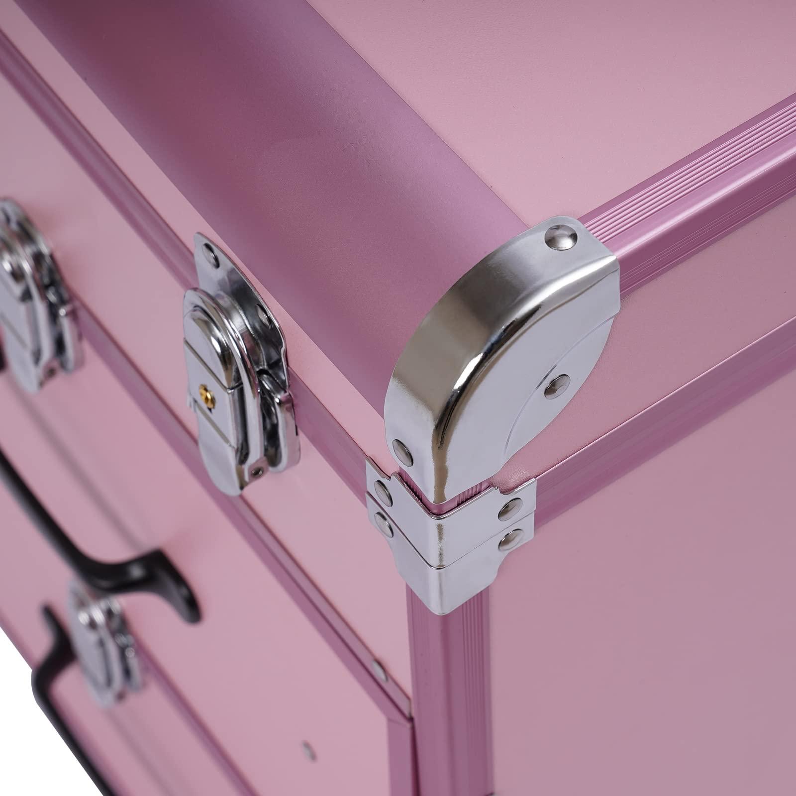 DYRABREST Rolling Makeup Case, Professional Rolling Makeup Train Case with Drawers, Cosmetic Trolley with Locks, Cosmetics Storage Organizer Make up Case for Travel Makeup/Nail Art/Hair Styling (Pink)