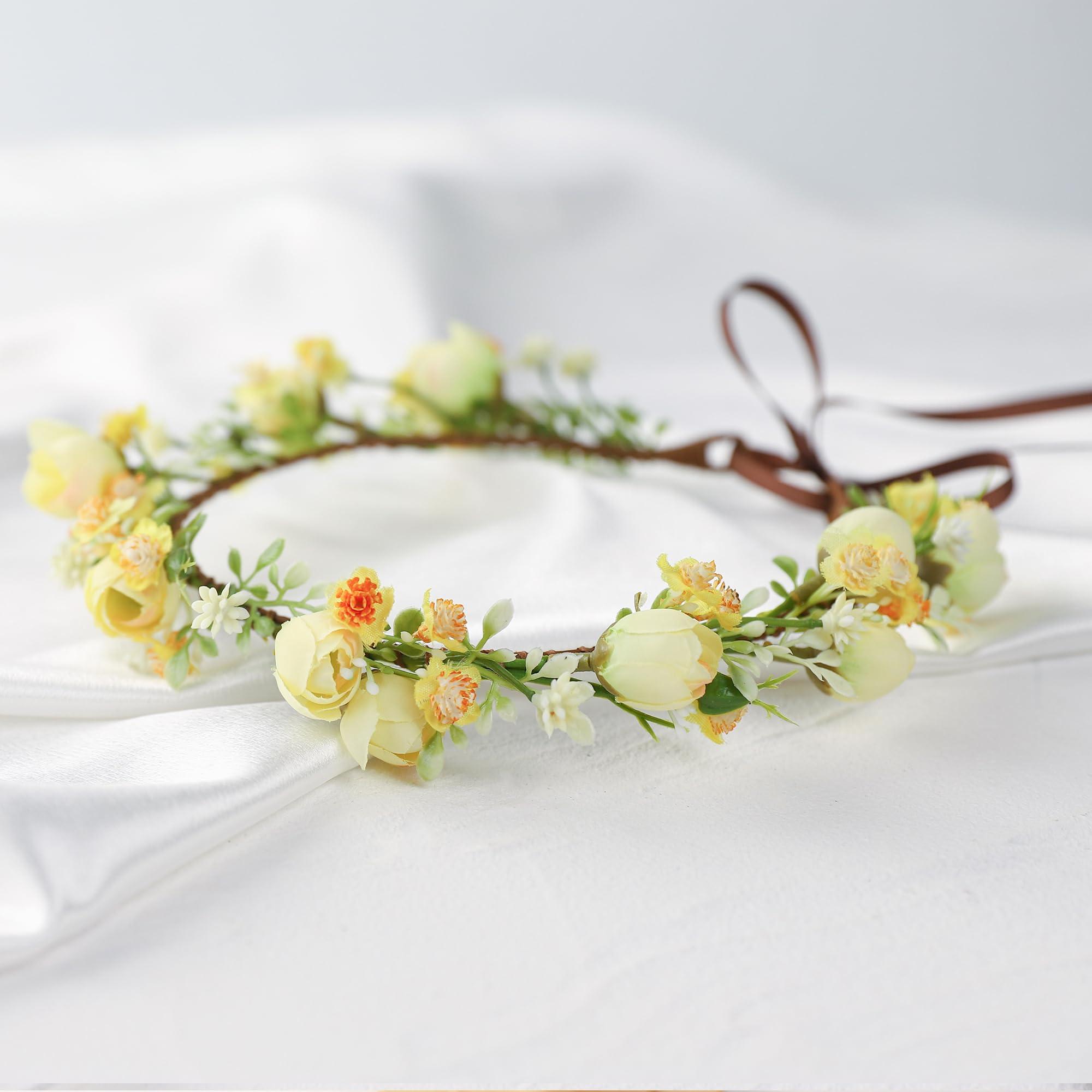 KorViSHOW KorViSHOW Handmade Flower Crown Flower Headpiece Green Leaf Headband Wedding Flower Crowns for Bride Floral Garland Hair Wreath Birthday Party(Yellow Style)