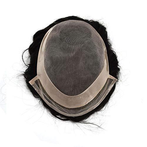 LHC HAIR LHC HAIR Fine Mono Mens Toupee 100% Black Indian Remy Human Hair Wigs Welded Mono Systems Lace Poly PU Hairpieces Custom Hand-Tie Units (10"*8", 1B# Off/Natural Black - 130% Medium Density)