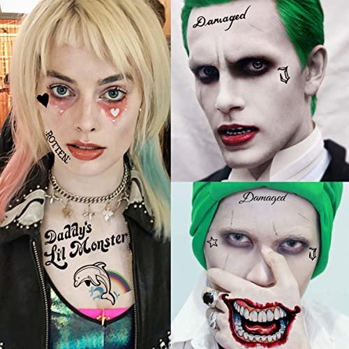 Goromon GOROMON 6 Sheets 3D Joker Tattoos Stickers, Halloween Damaged Joker Temporary Tattoos For Women Men Adults Hand Face, Halloween Makeup Kit Costume Party Rave Accessories Clown Prison Rapper Prisoner F