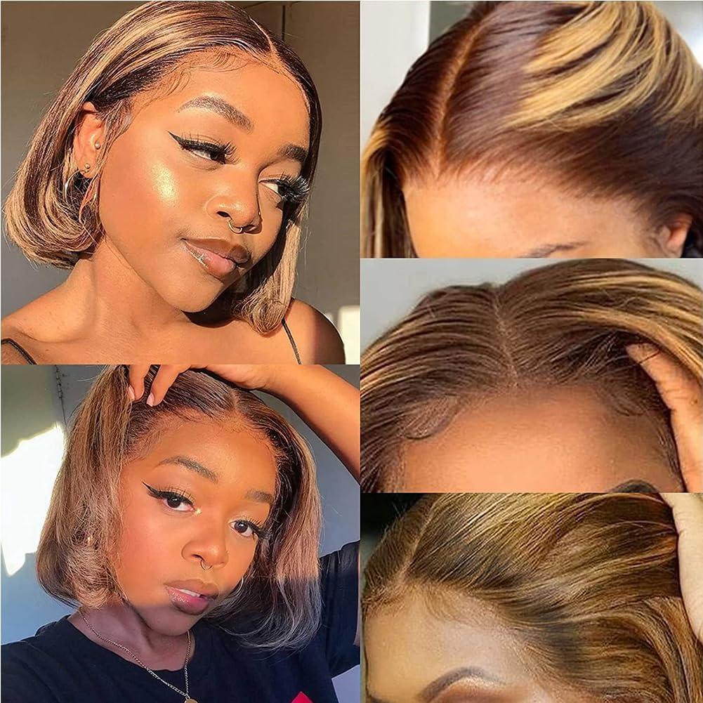 swthebily Put On And Go Glueless Wigs Human Hair Pre Cut Ombre 4/27 Highlight Short Bob Wig Human Hair For Women 180 Density 4x4 Closure Straight HD Lace Front Wigs Human Hair Ready To Wear For Beginners 10inch