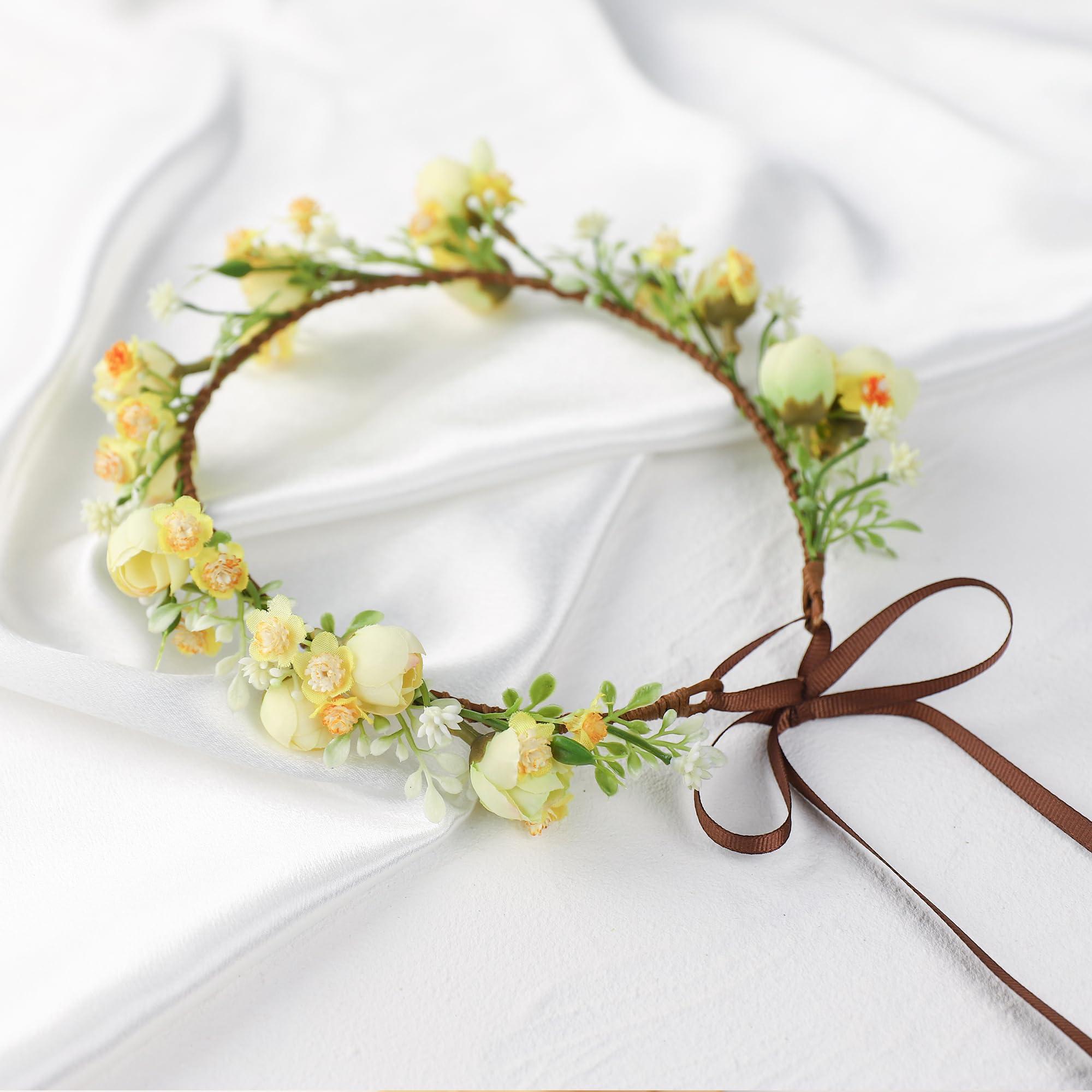 KorViSHOW KorViSHOW Handmade Flower Crown Flower Headpiece Green Leaf Headband Wedding Flower Crowns for Bride Floral Garland Hair Wreath Birthday Party(Yellow Style)