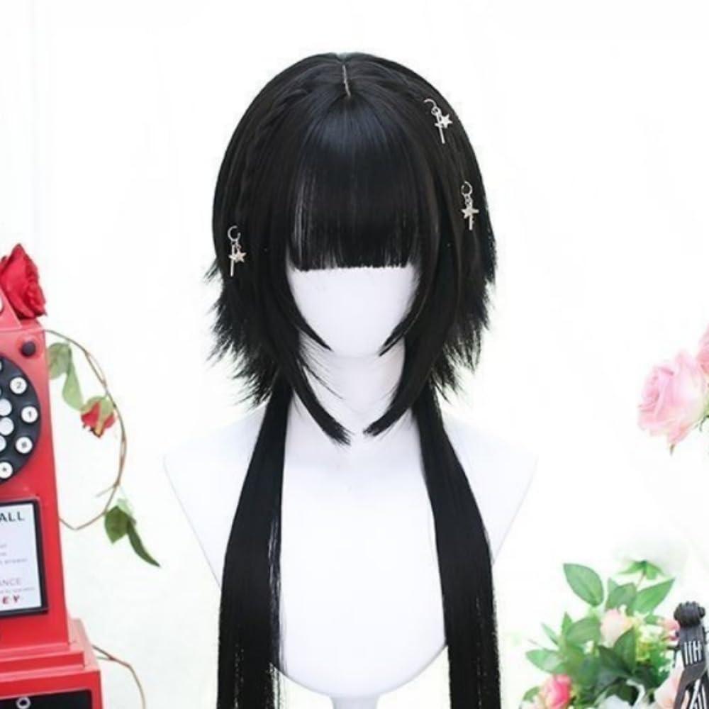 SCORRO Hime Cut Long Straight Black Layered Hair Lolita Bob Wig Hair with Bangs, Pre-styled Jellyfish Braided Hair Wig for Women Girls, Party Wig Halloween Daily Wigs (braided Styling,natural Black)