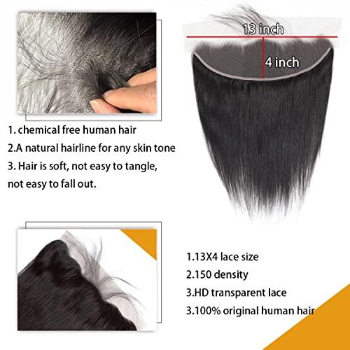 Mango girl Mango girl 13X4 Ear To Ear Lace Frontal Closure Straight Human Hair 100% Remy Brazilian Virgin Hair 150 Density HD Transparent Lace Frontal Closure Human Hair Natural Black Pre-Pulled Baby Hair (20 In