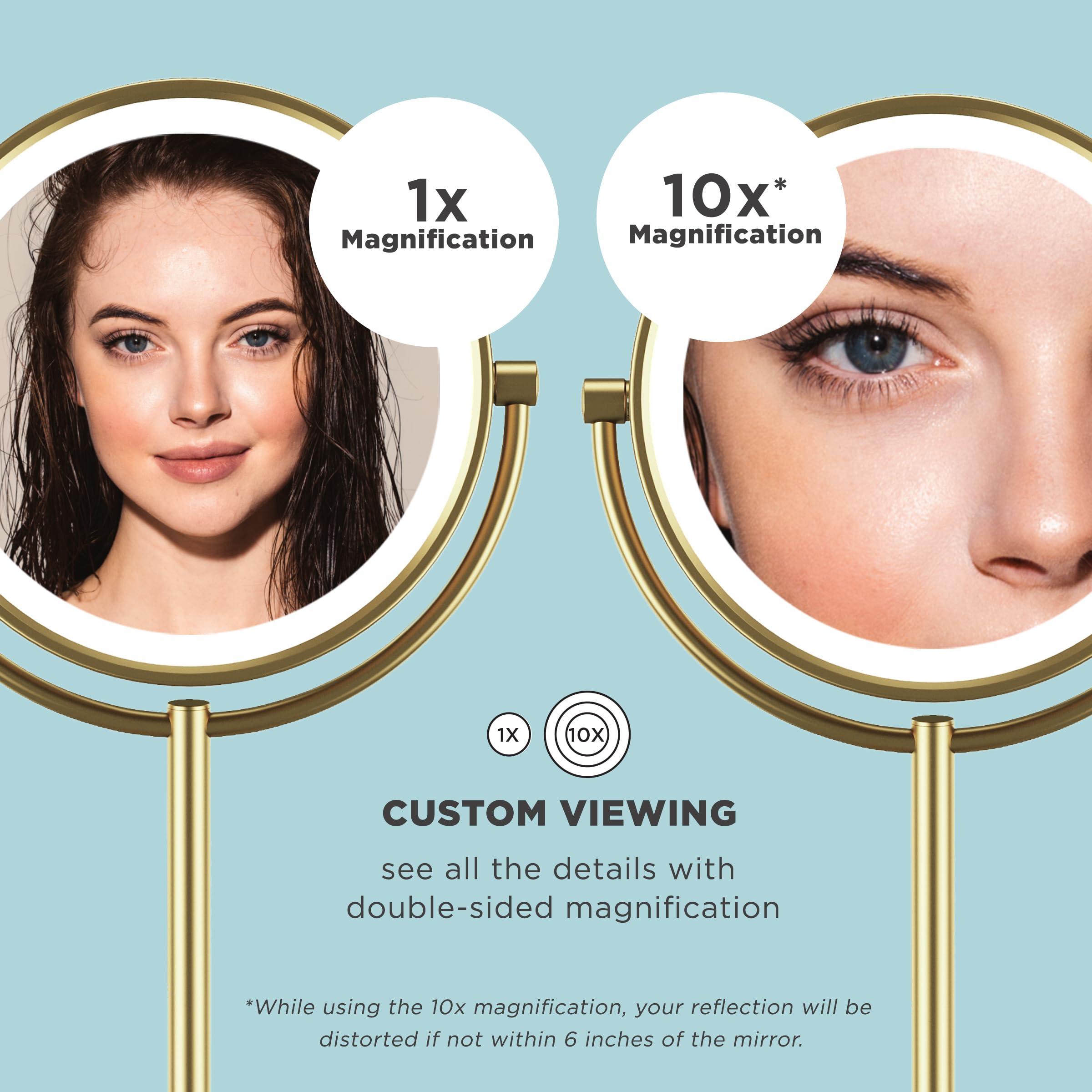 Conair Conair Lighted Makeup Mirror, LED Vanity Mirror, 1X/10X Magnifying Mirror, Double Sided, Battery Operated in Brushed Brass