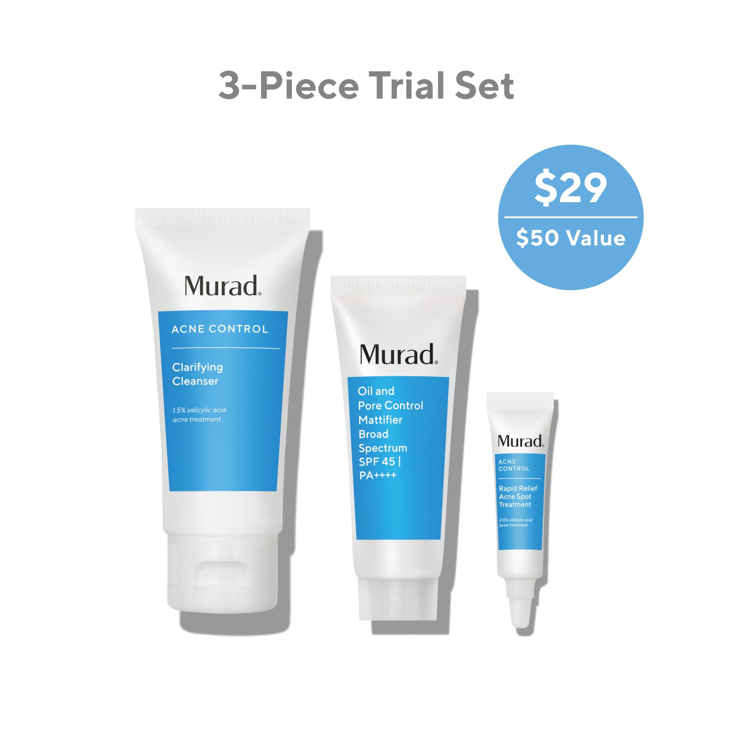Murad Murad Acne Trial Kit - Clear Breakouts + Control Oil 3-Piece Trial Kit ($50 Value) - Clarifying Cleanser 2Fl Oz, Rapid Relief Acne Treatment 0.25Fl Oz, Oil & Pore Mattifer SPF 45 0.8Fl Oz