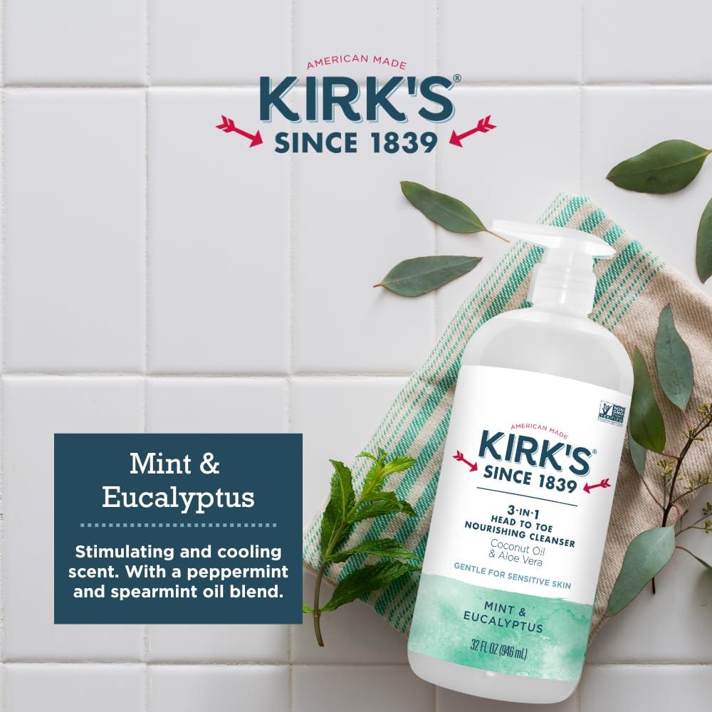 Kirk's Kirk\'s 3-in-1 Head to Toe Nourishing Liquid Cleanser & Travel Size Bar Soap - for Men, Women & Children - Premium Coconut Oil & Aloe Vera- Non GMO & Vegan -Mint & Eucalyptus - 32 Fl Oz