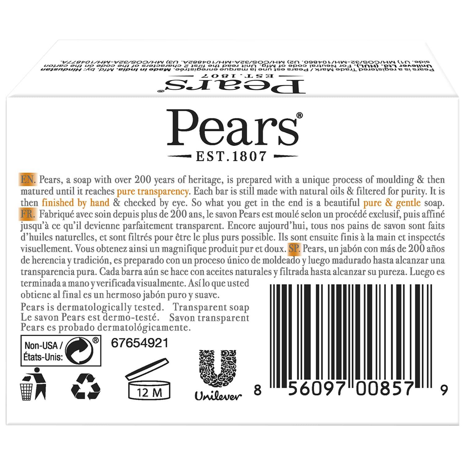 PEARS Pears Soap, Face & Body Soap, Amber Pure & Gentle Transparent Bar Soap, Moisturizing Glycerin Soap with Natural Oils for Pampered, Glowing Skin, 4.4 Oz (Pack of 12)