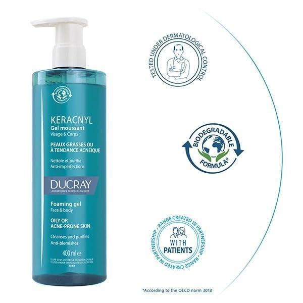Ducray Ducray Keracnyl Foaming Gel 400ml Face and Body Hygiene of Oily Skins with Acne Tendency (Packed of 2)