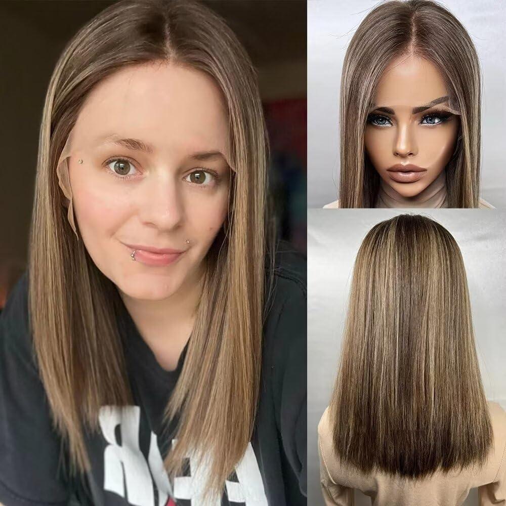 oulaer Straight Wig Human Hair Lace Front Wig HD Rooted Brunette Blonde Highlights Ombre Human Hair Wig 13X6 Lace Front Wig #4/27 Color Wig Pre Plucked for Women Natural Hairline Wig 150% Density 14Inch