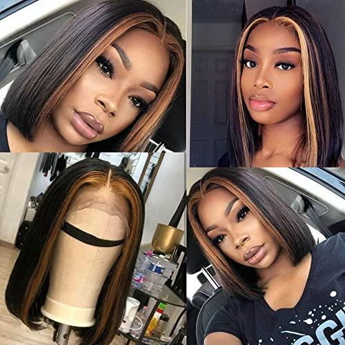 Wiggins Wiggins Skunk Stripe Wig Bob Wig Human Hair Honey Blonde Highlight Lace Front Wigs for Black Women Human Hair Short Straight Bob Wig Skunk Stripe Lace Front Wig Human Hair Hair 12 Inch