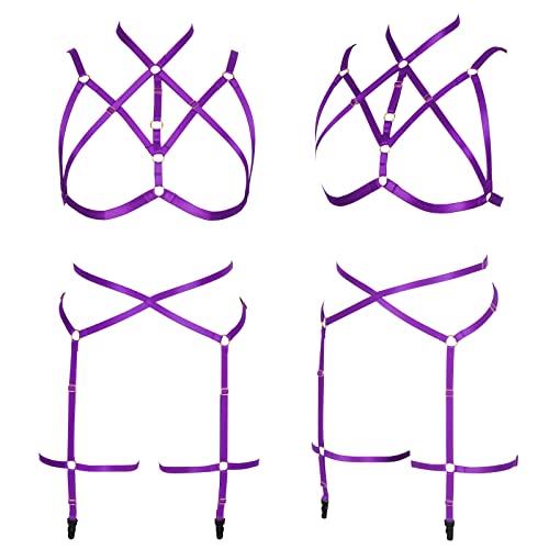 PUKHSS Women Body Harness Strappy High Elasticity Full Body Set with Cup Set for Valentine's Day Present (Purple)