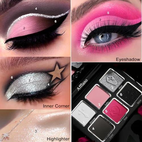 Afflano Afflano Pink Goth Eyeshadow Palette, Pink Smokey Eyes Makeup Eyeshadow Pallet With Mirror, for Goth Girls and Women Long Lasting Daily Valentine makeup, Dark Emo Halloween Clown SFX Gothic Looks