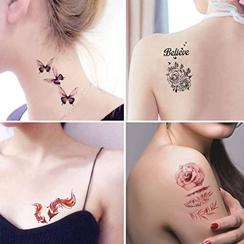 AWLEE Temporary Tattoos for Women - Rose Feather Animals Written Words Flowers and Butterfly Stickers Waterproofing 30 Sheets (style 1)