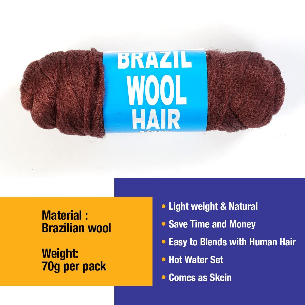AU-THEN-TIC Brazilian Yarn Wool Hair for Braids Braiding Hair with 100% Acrylic Brazilian Wool Hair for African Crochet Braided Hair Senegalese Twist Box Braids Faux Locs with Yarn Hair (3 Pack, REDDISH BROWN)