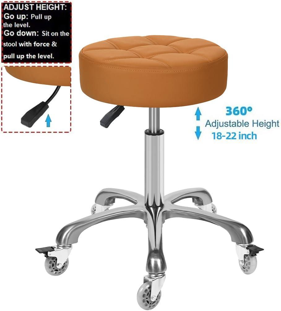 McDooFly McDooFly Adjustable Heavy Duty Stool - Rolling Stools with Locking Caster Wheels - Swivel Stools Backless Chair for Beauty Hair Salon Spa Home Kitchen Office Shop Massage (Camel, Height 18 to 22 in)