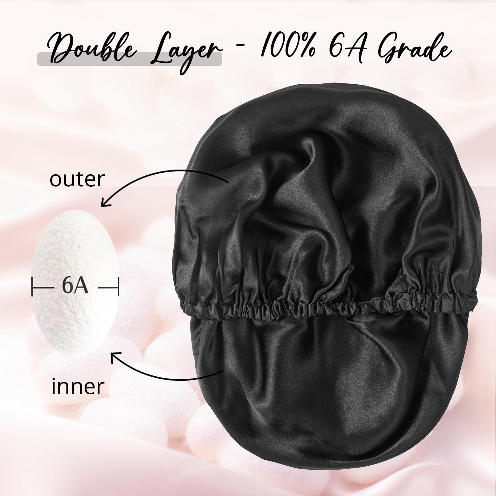 WIGI WIGI 100% Mulberry Silk Bonnet with Scrunchie Gift for Women, Silk Bonnet for Sleeping, Shower Cap Hair Bonnet, Silk Hair Wrap for Hair Care (100% Mulberry Silk (Round design), Black)