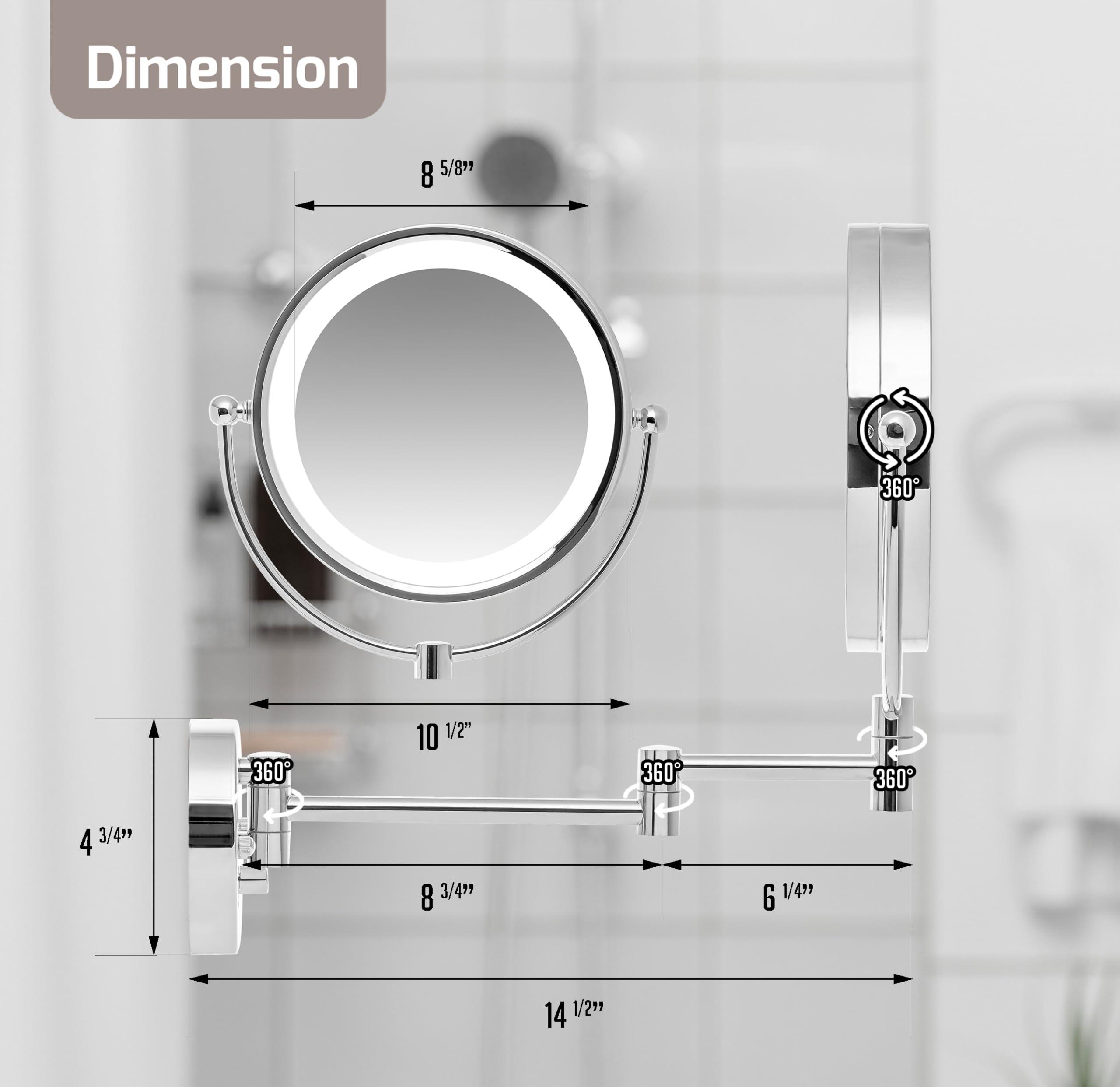 OVENTE OVENTE 9\" Lighted Wall Mount Makeup Mirror with 1X/7X Magnification, Double Sided Magnifying Vanity Mirror, LED Glow Light, 360 Swivel Design, Extendable & Folding Arm, Polished Chrome MPWD3185CH1X7X