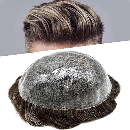 Hair Wonders Toupee for Men Real Human Hair Piece Replacement Systems Durable Full Poly Skin Mens Toupee Hairpiece Hair System for Men Protesis Capilar Para Hombre330# 3# Dark Brown+30% Grey8\'\'x10\'\'