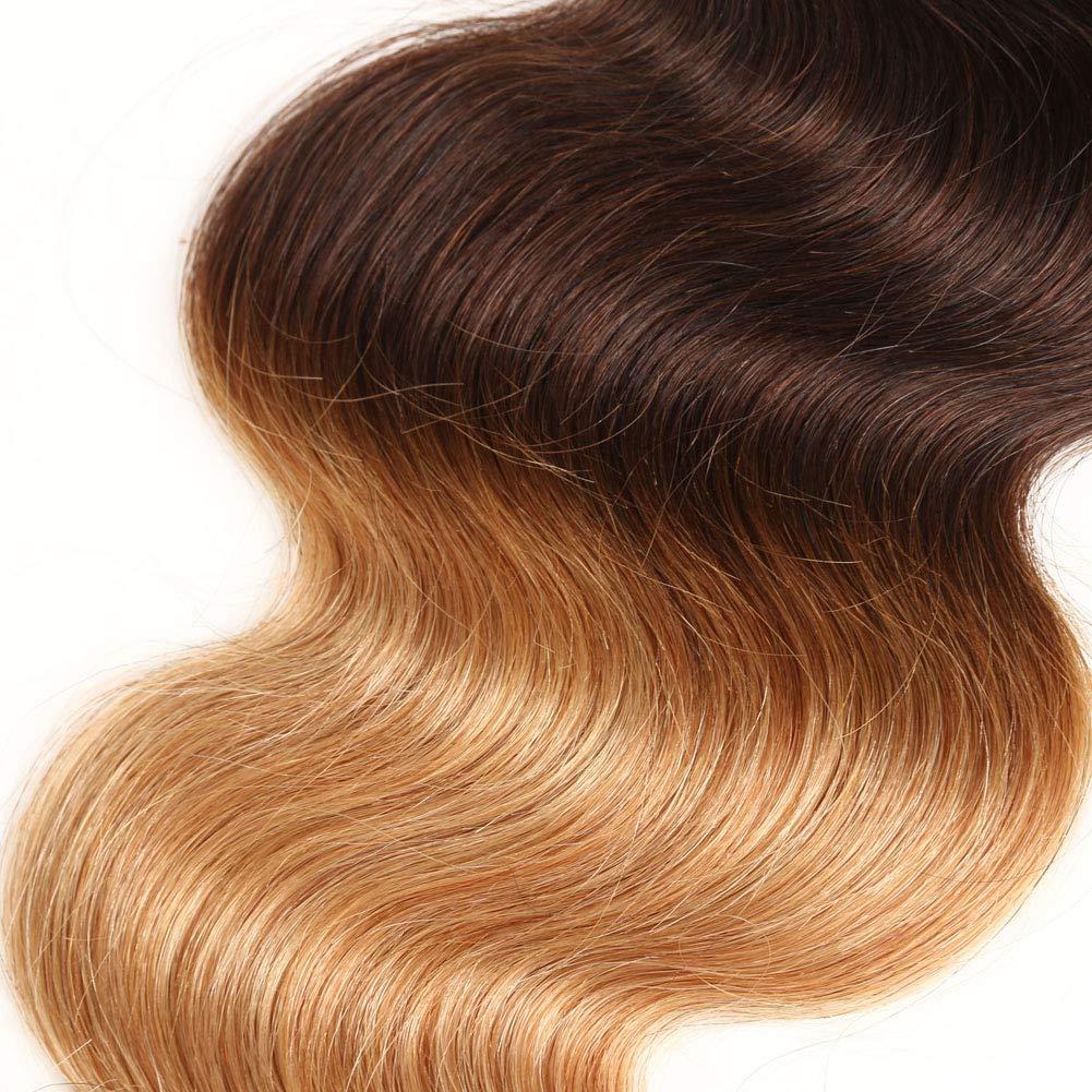 InsQueen Ombre Blond Bundles with Closure Brazilian Virgin Human Hair #1B/4/27 Body Wave Blond Human Hair Bundles with 4x4 Lace Closure Hair Extension (12 14 16+10 Inch)