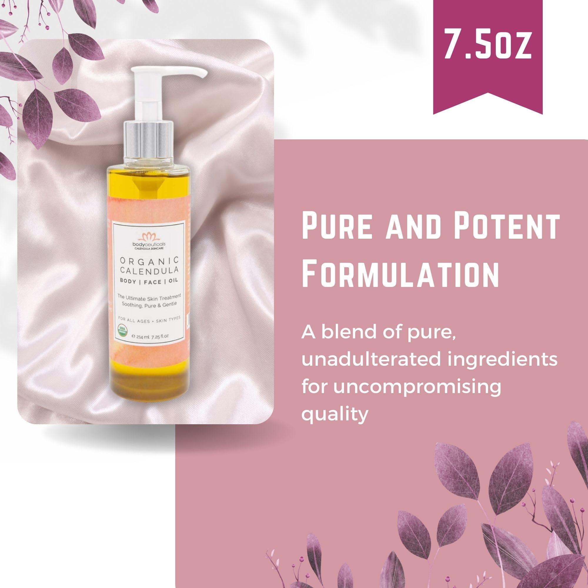 Bodyceuticals Calendula Skincare, Bodyceuticals Ca Bodyceuticals 100% Certified Organic Calendula Oil - High Potency Farm Fresh Flower & Olive Oil | Moisturizing Skincare & Repair| Non-GMO | Vegan | Kosher | Wheat-Free | Gluten-Free | Soy-Free | 7.5oz